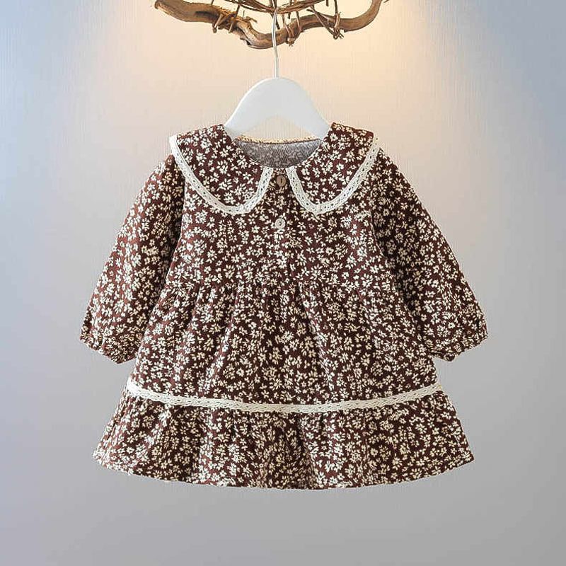 Toddler Girl Sweet Floral Print Lace Statement Collar Long-sleeve Dress Brown big image 2