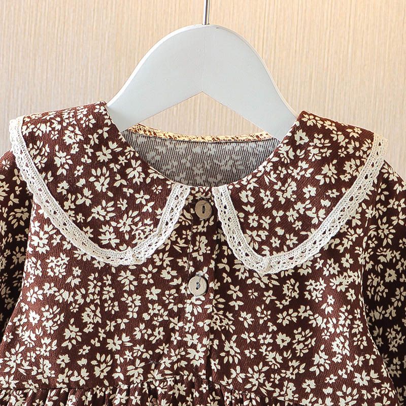 Toddler Girl Sweet Floral Print Lace Statement Collar Long-sleeve Dress Brown big image 3