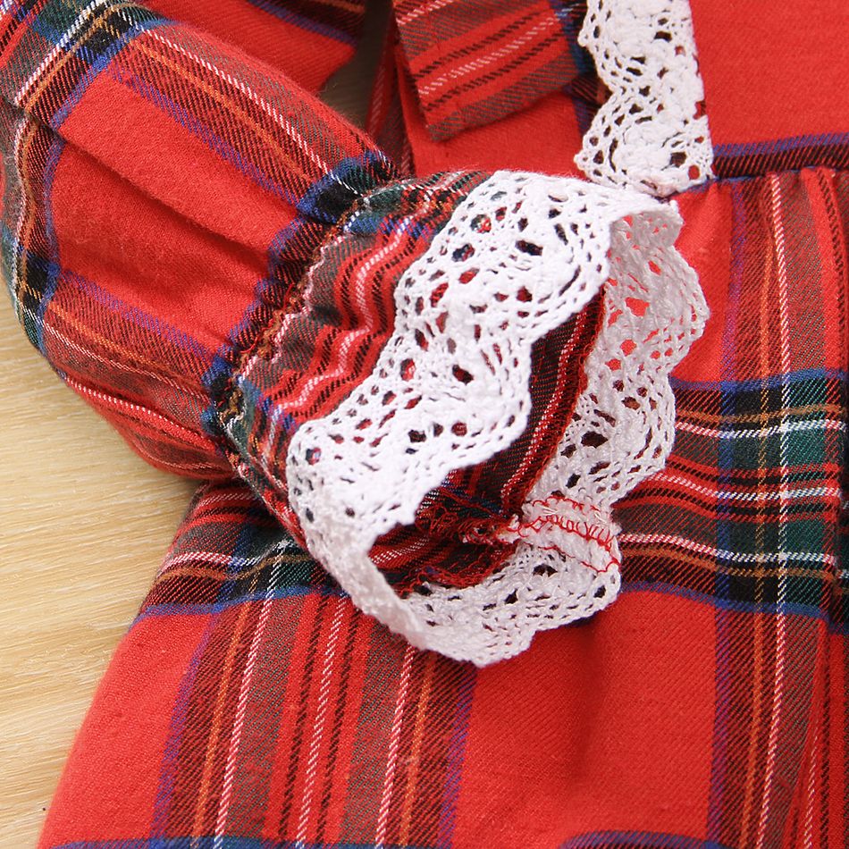 Toddler Girl Christmas Elegant Plaud Ruffled Lace Trim Long-sleeve Dress Red big image 6