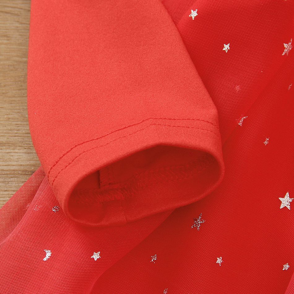 Toddler Girl Christmas Star Glitter Design Mesh Splice Red Dress Red big image 4