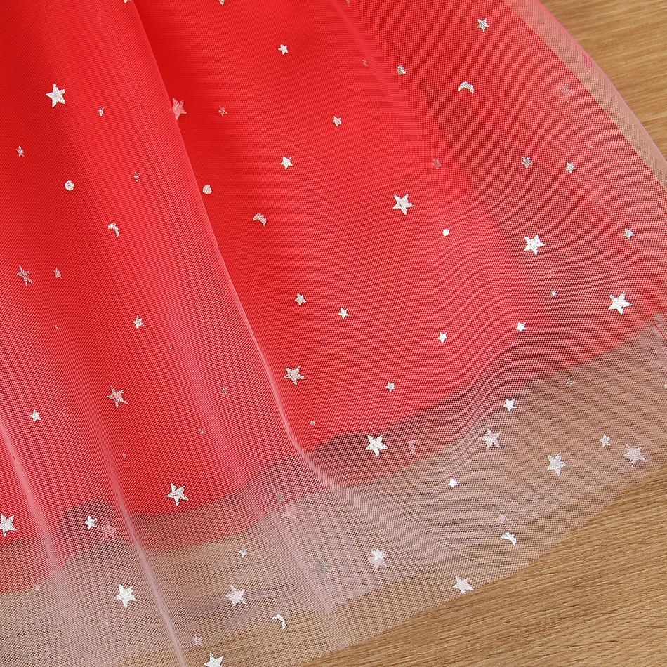Toddler Girl Christmas Star Glitter Design Mesh Splice Red Dress Red big image 5