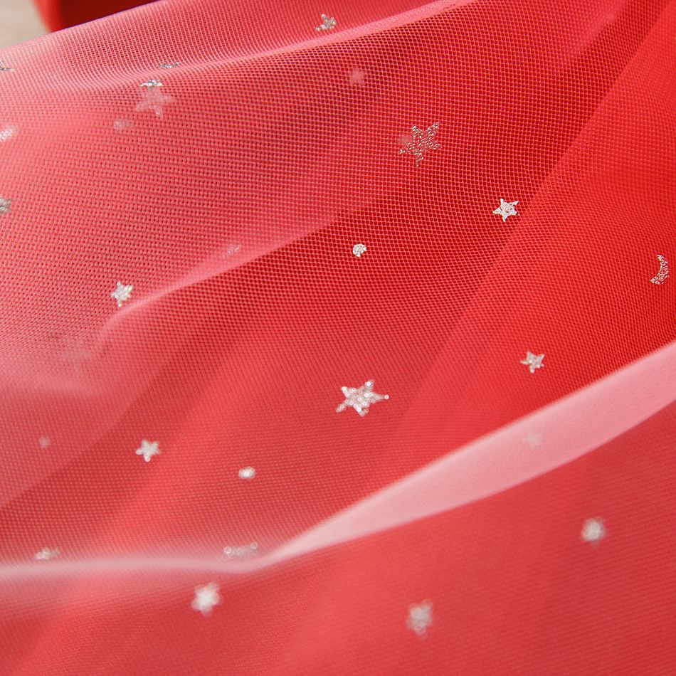 Toddler Girl Christmas Star Glitter Design Mesh Splice Red Dress Red big image 6