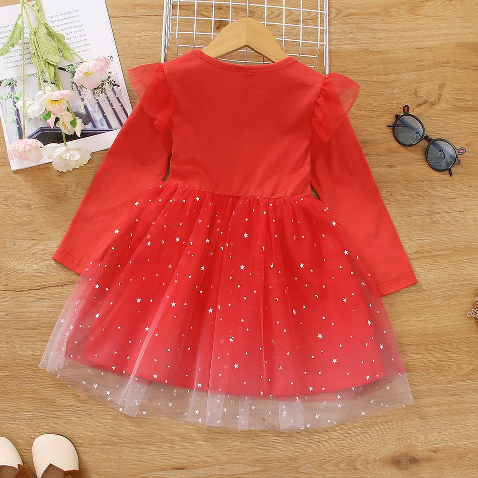 Toddler Girl Christmas Star Glitter Design Mesh Splice Red Dress Red