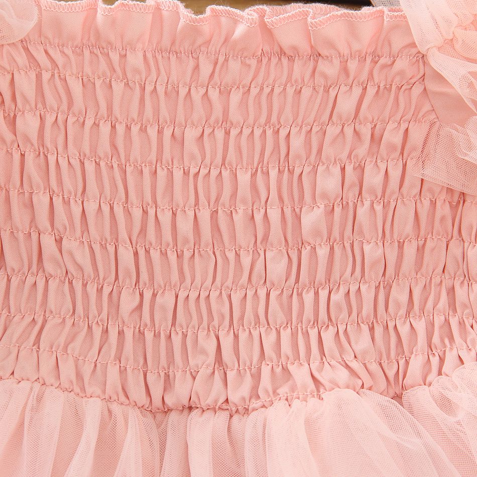 Toddler Girl Sweet Square Neck Smocked Mesh Gather Pink Dress Pink big image 3