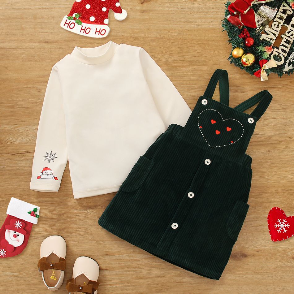 2pcs Toddler Girl Sweet Christmas Mock Neck Tee and Heart Pattern Overall Dress Set Green big image 2