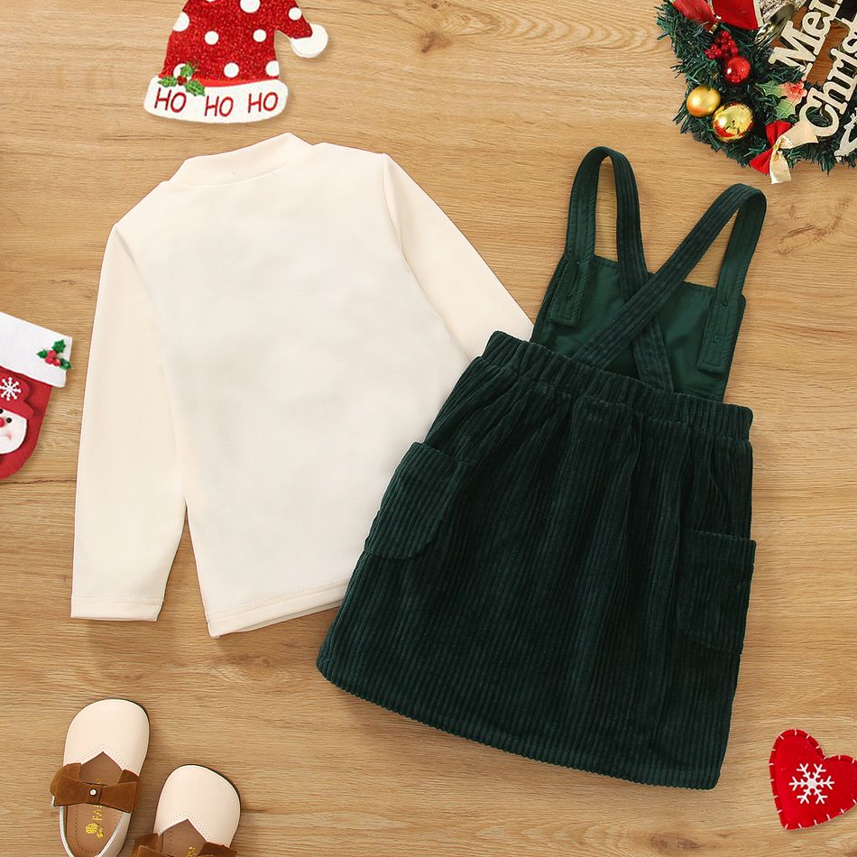 2pcs Toddler Girl Sweet Christmas Mock Neck Tee and Heart Pattern Overall Dress Set Green big image 8