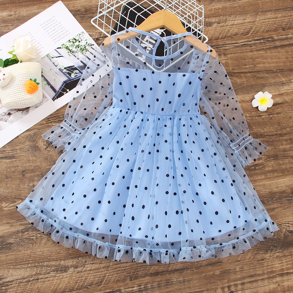 Toddler Girl Sweet Polka dots Mesh Ruffled Dress Blue big image 2