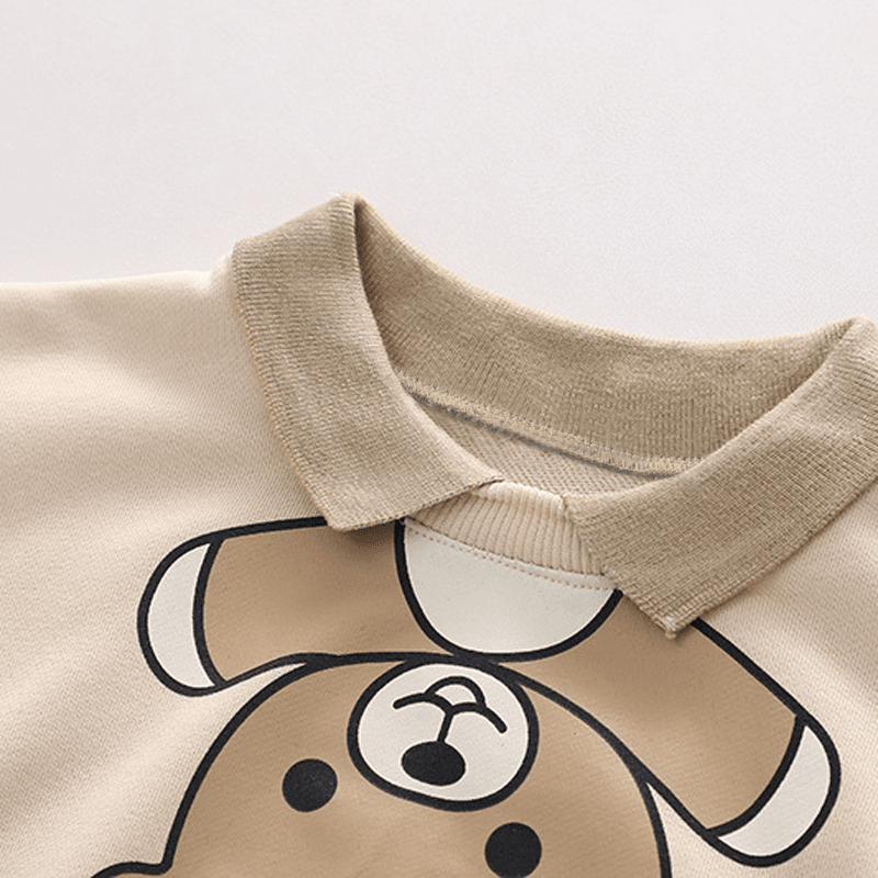 2pcs Toddler Boy Playful Bear Print Polo Sweatshirt and Plaid Splice Pants Set Apricot big image 3