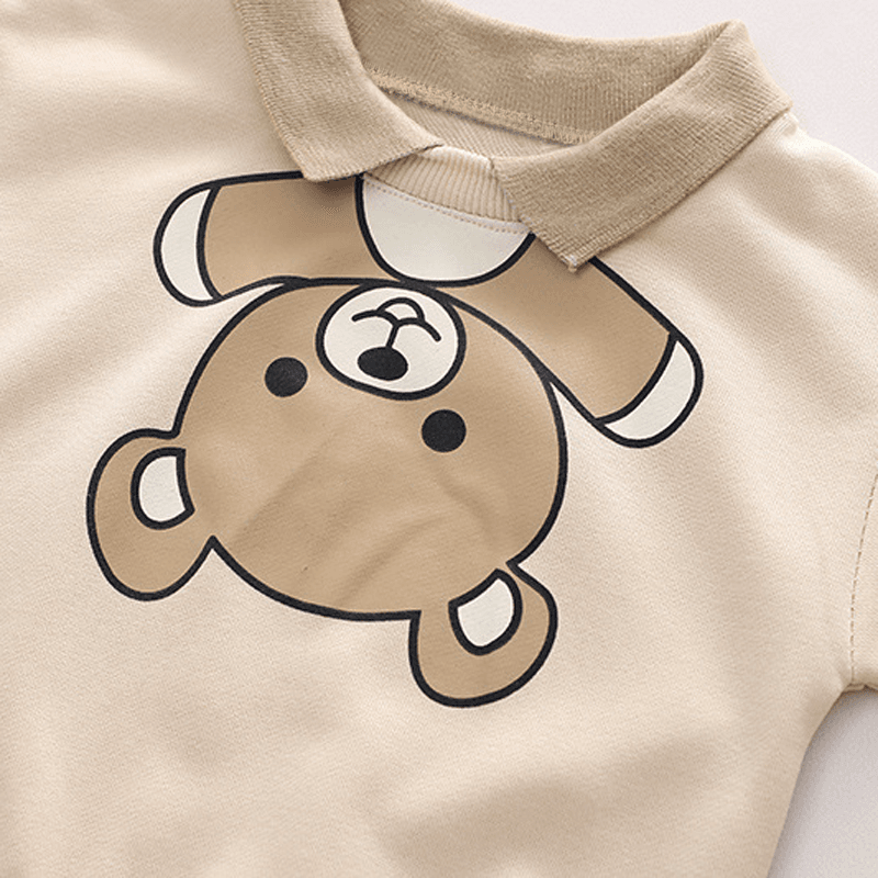 2pcs Toddler Boy Playful Bear Print Polo Sweatshirt and Plaid Splice Pants Set Apricot big image 4