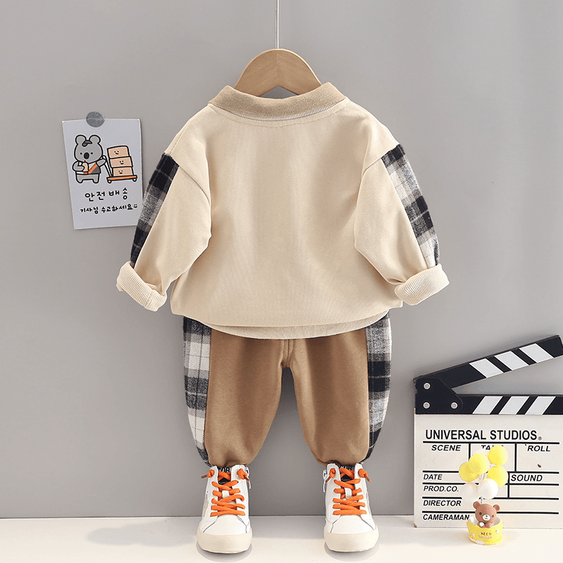 2pcs Toddler Boy Playful Bear Print Polo Sweatshirt and Plaid Splice Pants Set Apricot big image 2