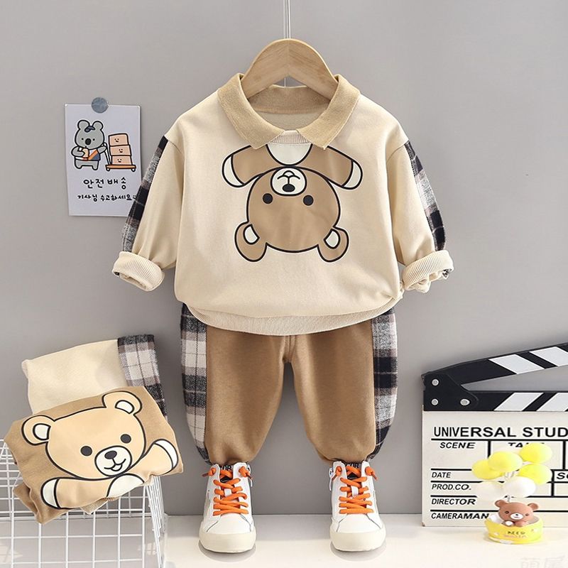 2pcs Toddler Boy Playful Bear Print Polo Sweatshirt and Plaid Splice Pants Set Apricot