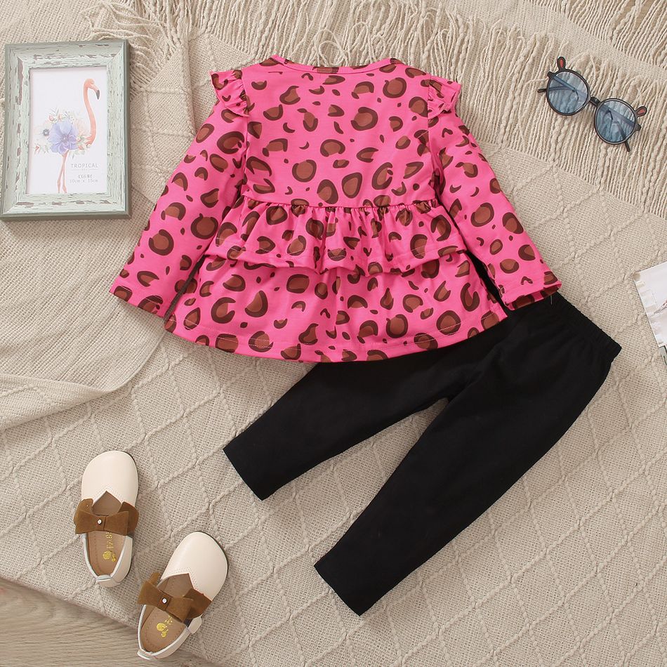 2pcs Baby Girl Leopard Print Long-sleeve Ruffle Trim Top and Heart Graphic Pants Set Hot Pink big image 2