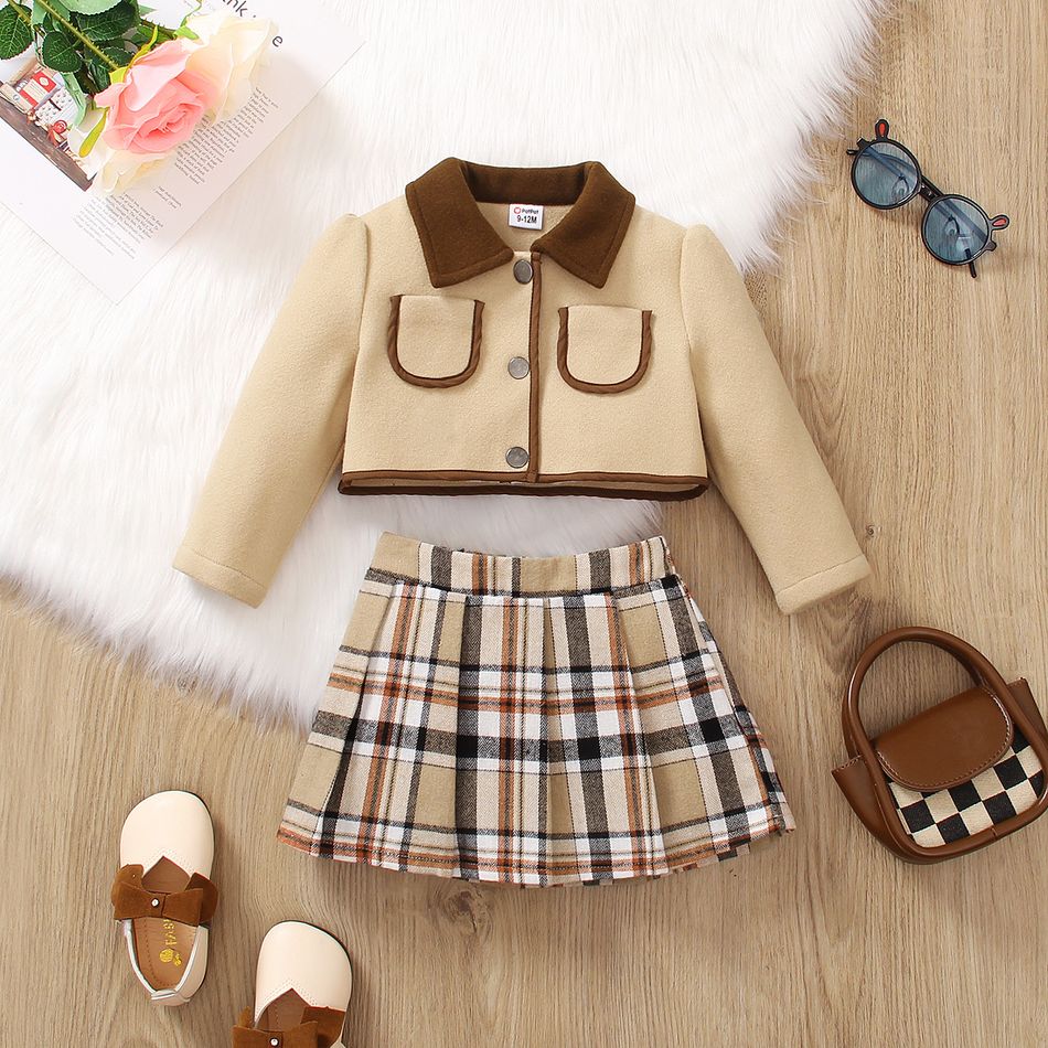 2pcs Baby Girl Contrast Collar Long-sleeve Crop Jacket and Plaid Pleated Skirt Set Khaki