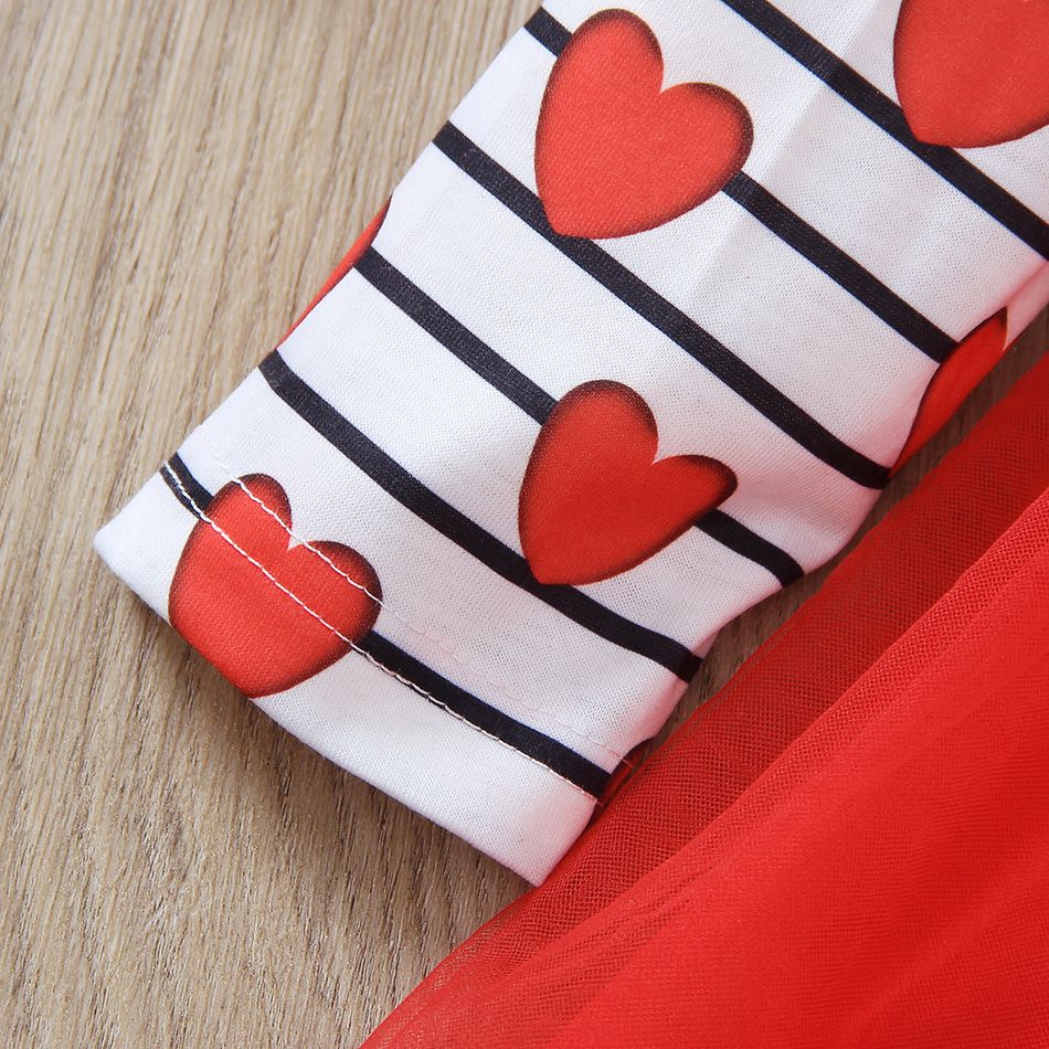 Toddler Girl Sweet Valentine's Day Heart Print Striped Mesh Splice Dress Red big image 4