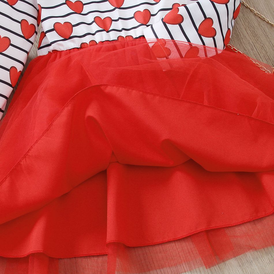Toddler Girl Sweet Valentine's Day Heart Print Striped Mesh Splice Dress Red big image 5