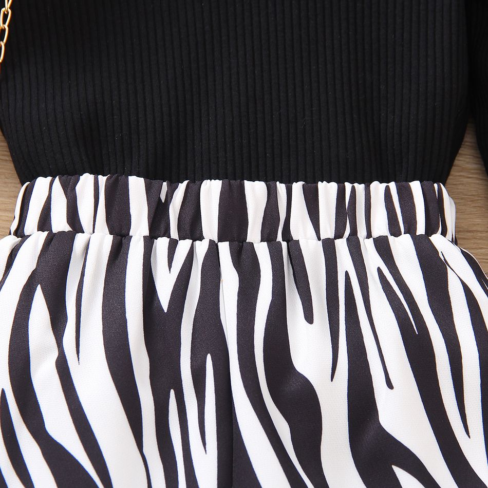 2pcs Toddler Girl Trendy Ruffled Tee and Zebra Stripe Flared Pants Set Black big image 4