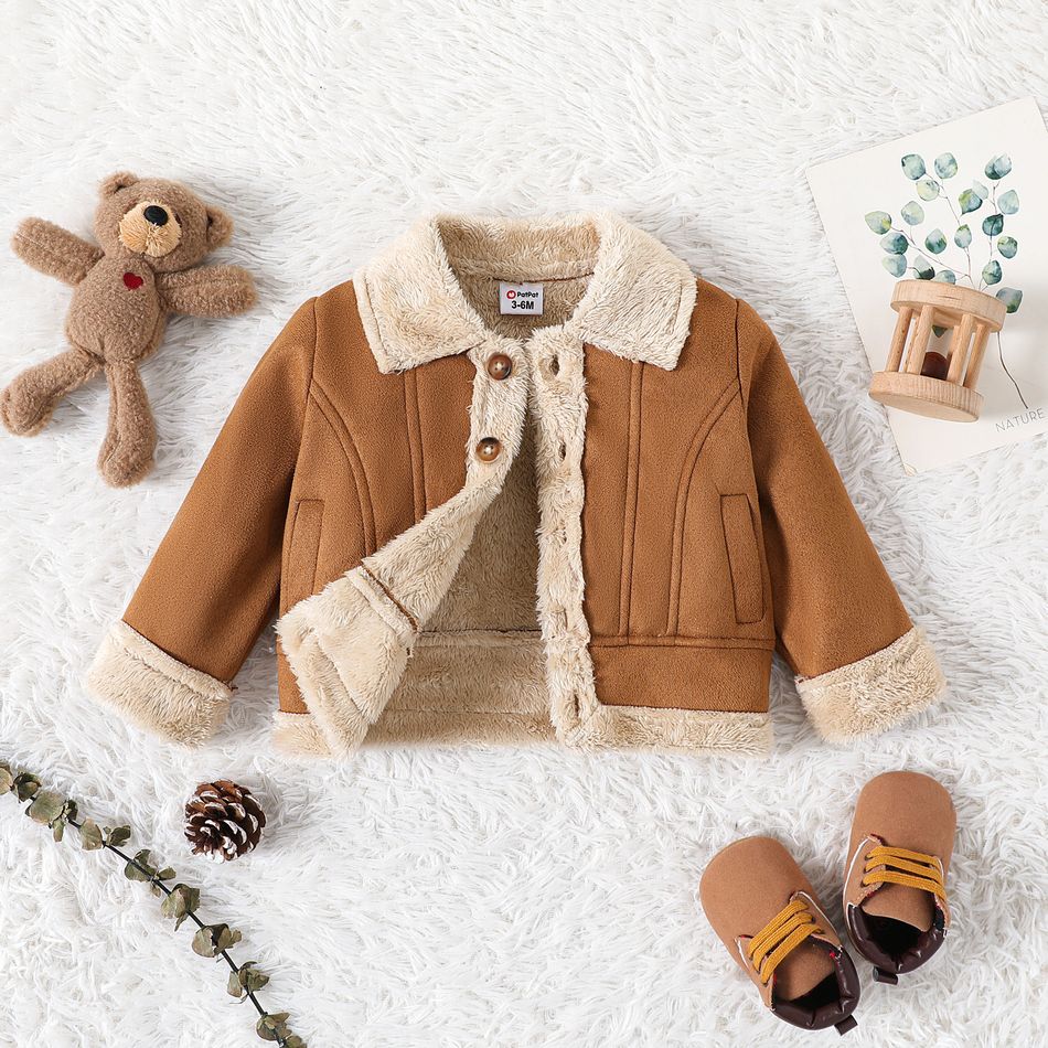 Baby Boy/Girl Thermal Fuzzy Lined Suede Long-sleeve Jacket Brown big image 3
