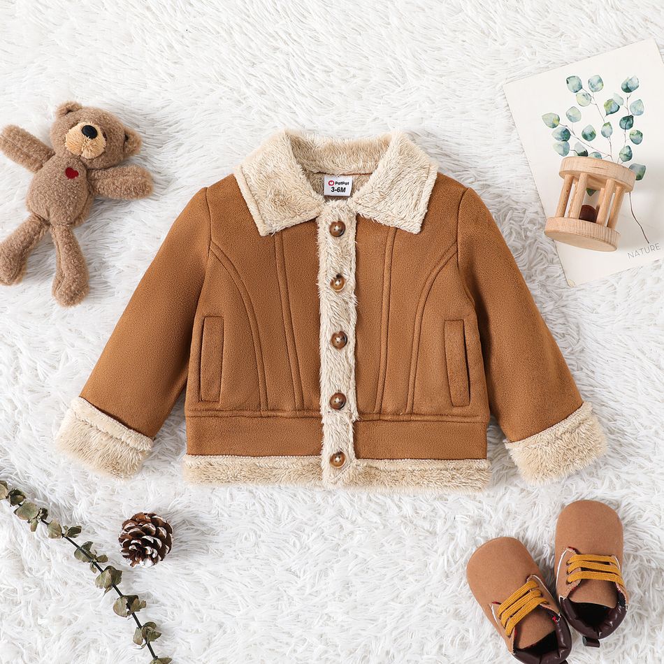 Baby Boy/Girl Thermal Fuzzy Lined Suede Long-sleeve Jacket Brown big image 1