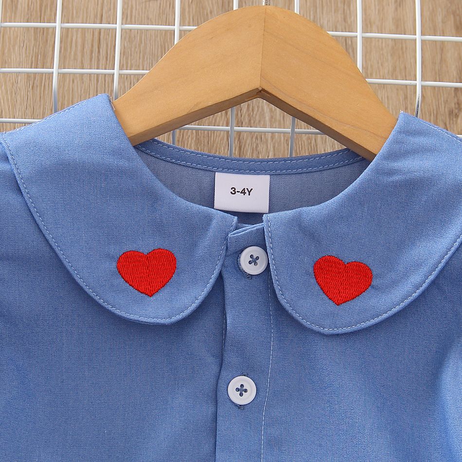 Toddler Girl Sweet Valentine's Day Heart Print Denim Mesh Splice Dress Blue big image 3