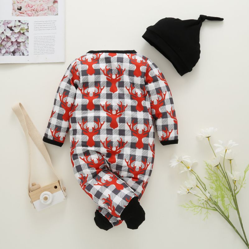 Christmas 2pcs All Over Reindeer Print Plaid Zip Long-sleeve Footed Baby Jumpsuit Set Grey big image 4