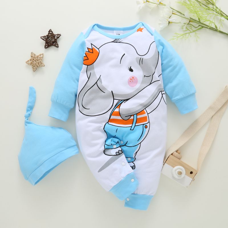 2pcs Baby Cartoon Elephant Print Long-sleeve Cotton Jumpsuit Set Light Blue