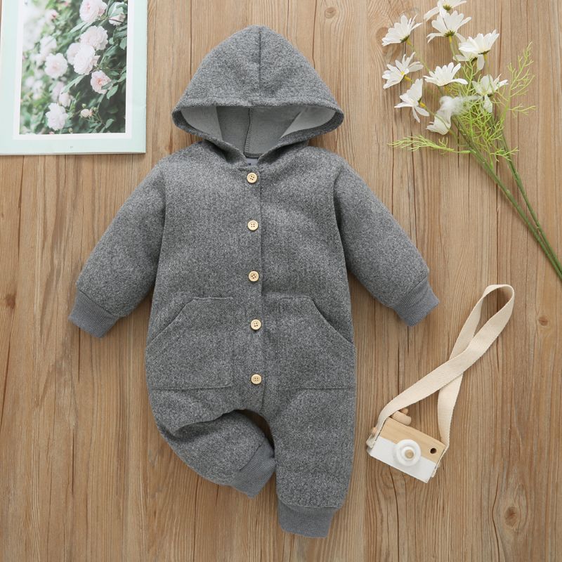 Baby Solid Button Down Long-sleeve Hooded Jumpsuit with Pockets Grey
