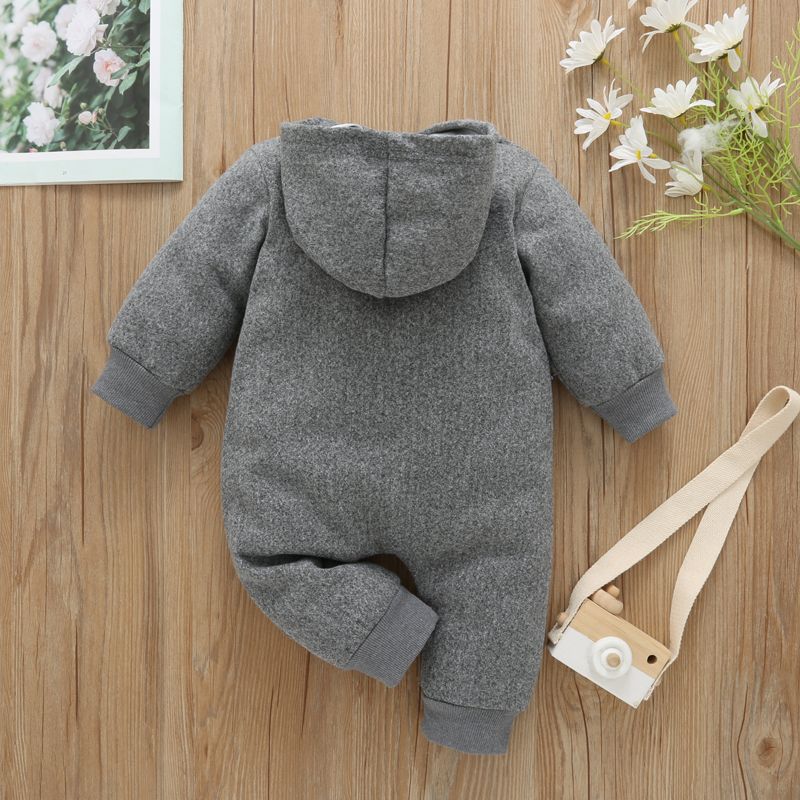Baby Solid Button Down Long-sleeve Hooded Jumpsuit with Pockets Grey big image 3