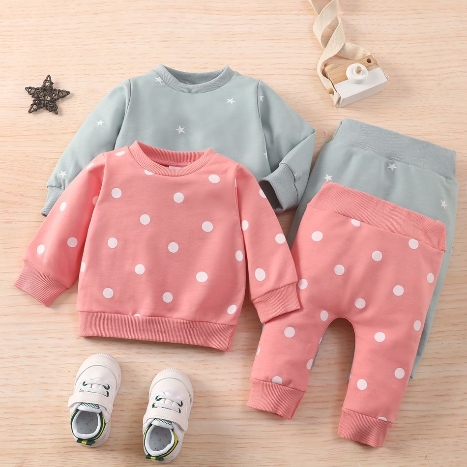 2pcs Baby All Over Polka Dots Long-sleeve Pullover and Trousers Set Pink big image 2