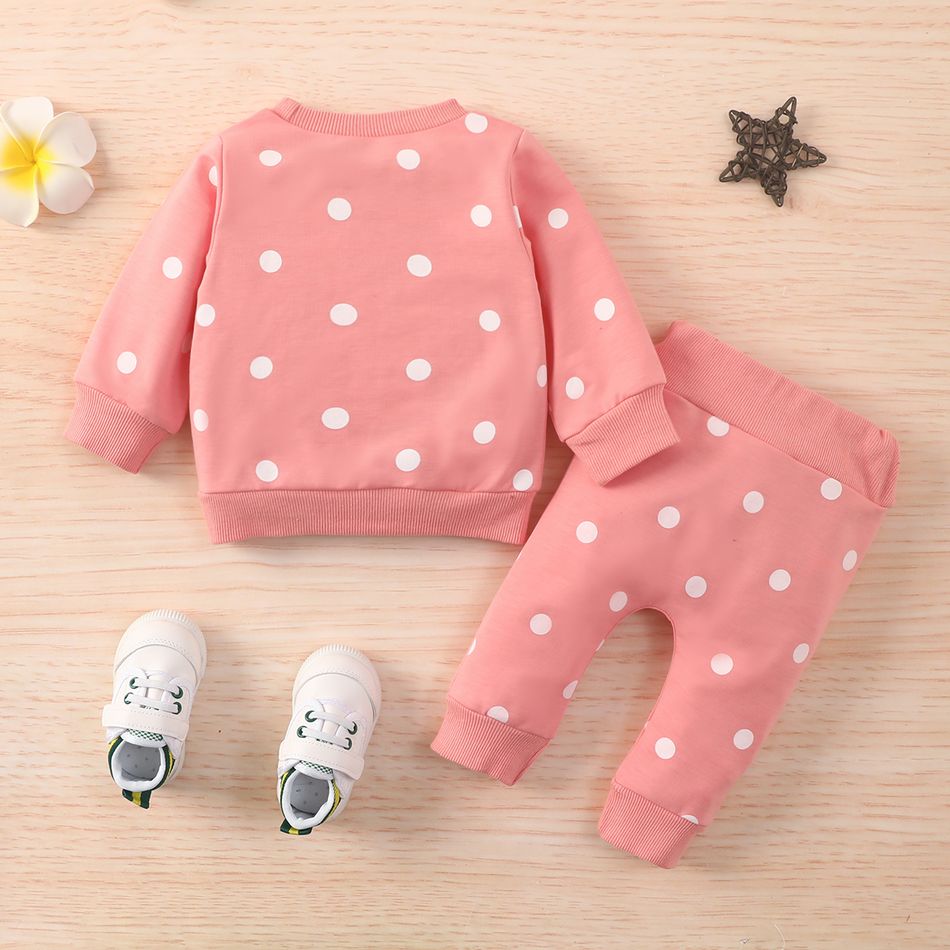 2pcs Baby All Over Polka Dots Long-sleeve Pullover and Trousers Set Pink big image 3