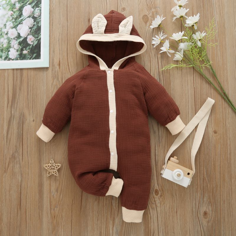 100% Cotton Crepe Baby 3D Ears Hooded Long-sleeve Jumpsuit Coffee