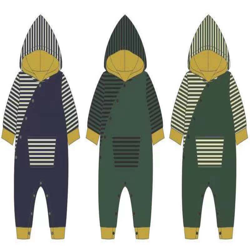 Striped Splicing Long-sleeve Hooded Baby Snap-up Jumpsuit Green big image 3