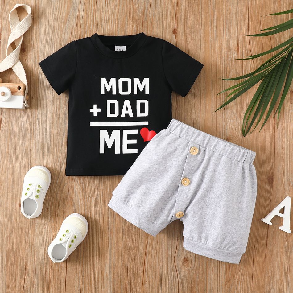 2pcs Baby Girl 95% Cotton Short-sleeve Love Heart & Letter Print T-shirt and Button Front Shorts Set Black