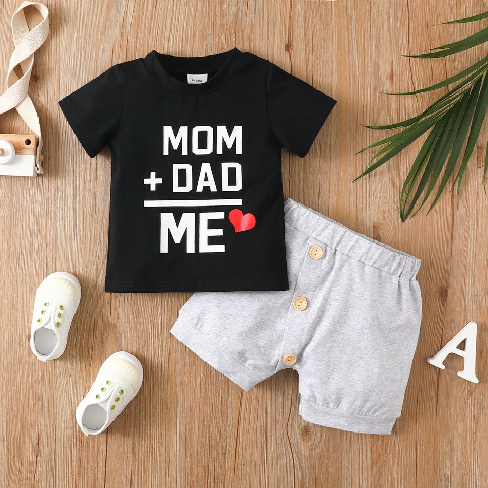 2pcs Baby Girl 95% Cotton Short-sleeve Love Heart & Letter Print T-shirt and Button Front Shorts Set Black big image 2
