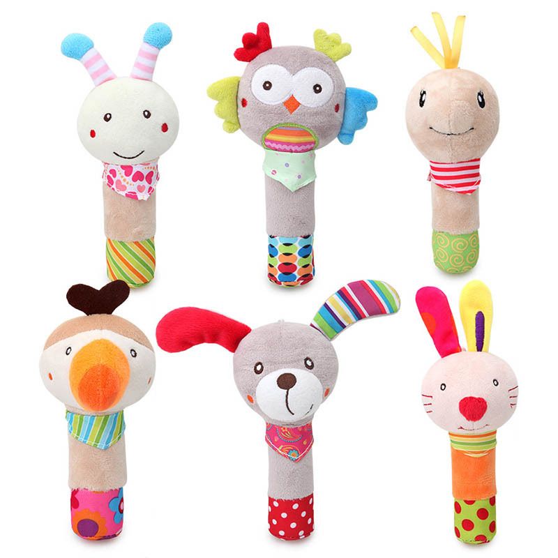 Baby Cartoon Animal Stuffed Hand Rattle with Sound Soft Plush Infant Developmental Hand Grip Toy Gift for Baby Girls Boys White big image 2