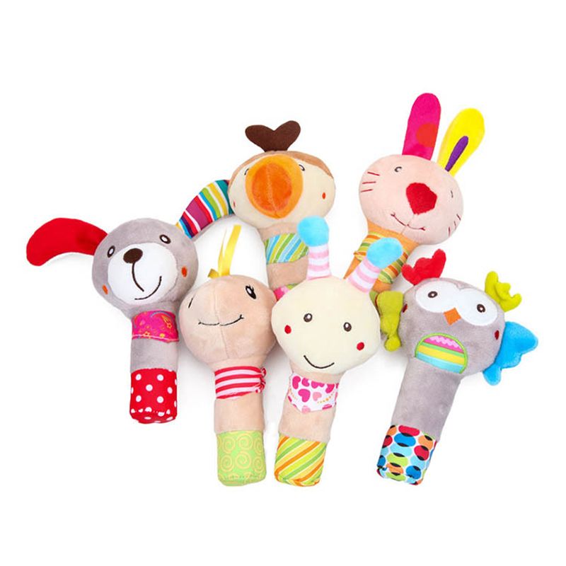 Baby Cartoon Animal Stuffed Hand Rattle with Sound Soft Plush Infant Developmental Hand Grip Toy Gift for Baby Girls Boys White big image 3