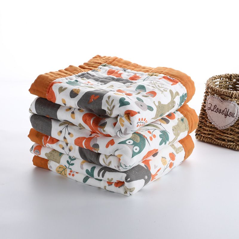 100% Cotton Cartoon Animal Dinosaur Pattern Baby Blankets 6-layer Cotton Gauze Soft Absorbent Newborn Swaddle Blanket Shower Wipes Orange big image 3
