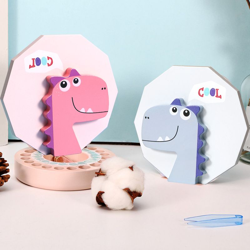 Baby Tooth Box Keepsake Dinosaur Pattern Tooth Organizer Storage Container with Tweezers & Lanugo Bottle to Keep the Childhood Memory Pink big image 5