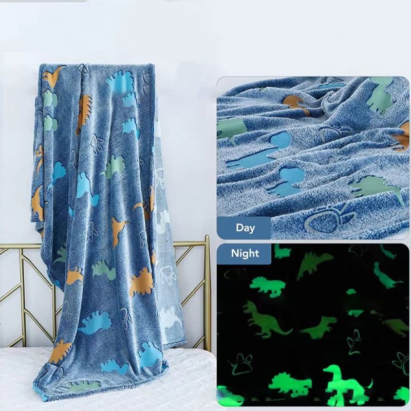 Luminous Double-sided Fleece Blankets Kids Cartoon Dinosaur Throw Blanket Nap Blanket Blue big image 3