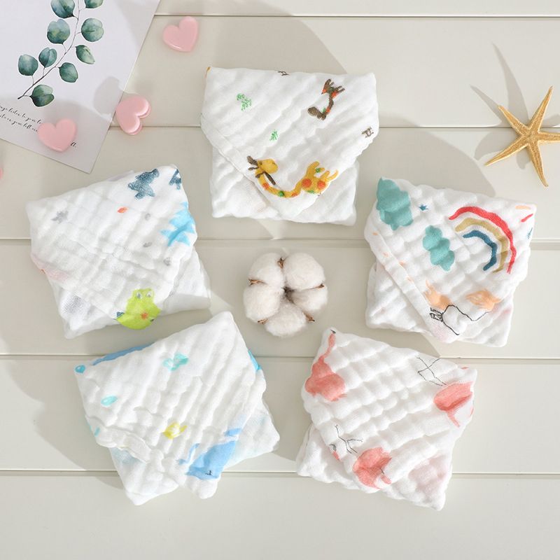 5-pack 100% Cotton Muslin Baby Washcloths Set Cartoon Animal Pattern 6 Layer Gauze Face Towels Saliva Towel Multi-color