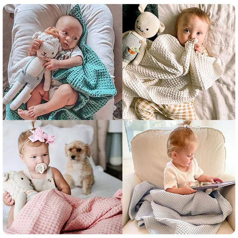 100% Cotton Baby Waffle Blankets Soft Breathable Comfortable Swaddling Receiving Sleep Blankets Green big image 3