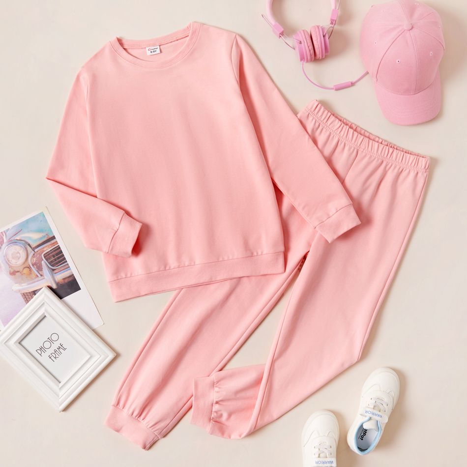 2-piece Kid Boy/Kid Girl Solid Color Pullover Sweatshirt and Pants Casual Set Pink