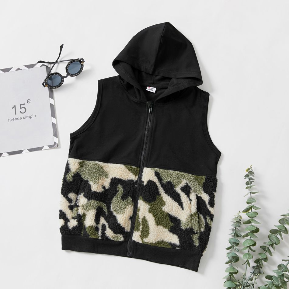 Kid Boy/Kid Girl Camouflage Print Fuzzy Colorblock Zipper Hooded Vest Coat with Pocket Black
