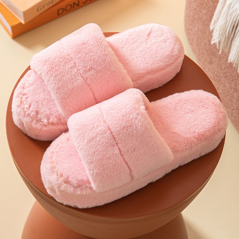Autumn and Winter Soft Plush Solid Fleece House Indoor or Outdoor Slippers Pink