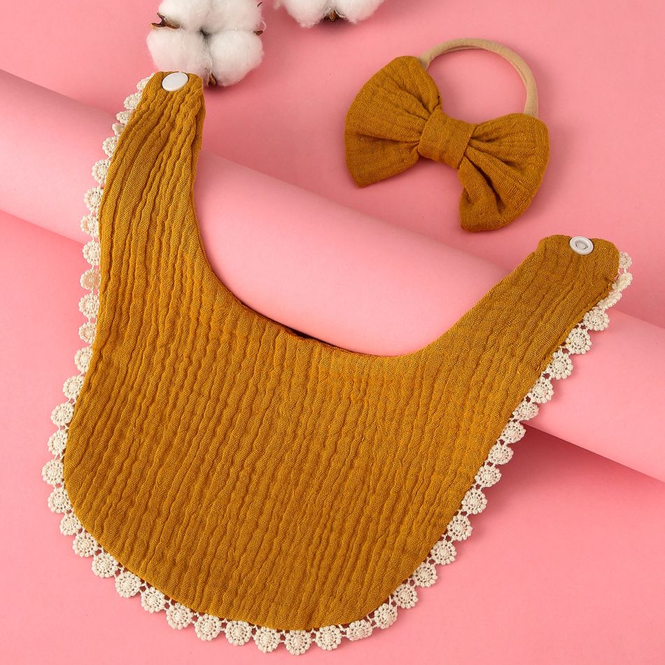 100% Cotton 2Pcs Baby Bibs Bows Headband Set for Newborns Toddler Saliva Towel Feeding Burp Cloths Ginger big image 1