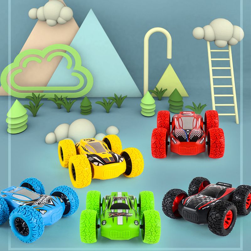 Kids Toy Pull Back Car Double-Sided Friction Powered Flips Inertia Big Tire 4WD Car Off-Road Vehicle Children Toy Gifts Green