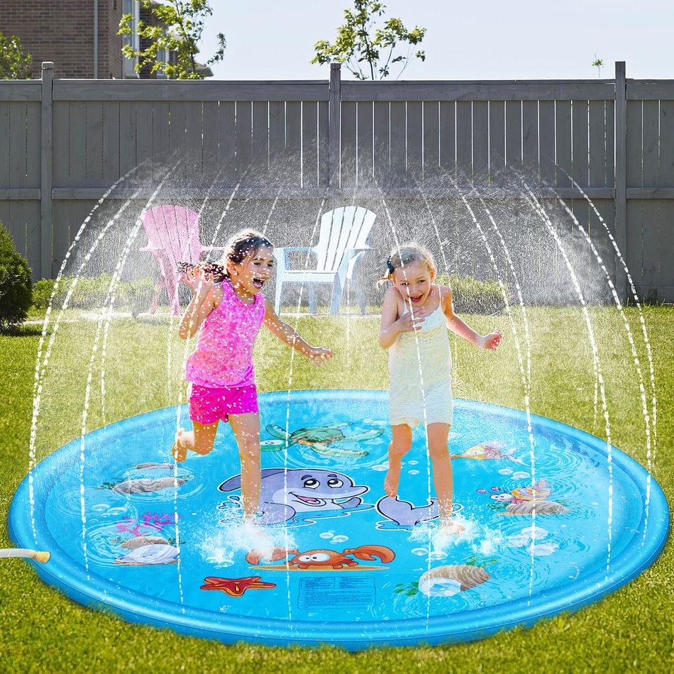 Kids Splash Pad Dolphin Ocean Animals Pattern Water Spray Play Mat Sprinkler Wading Pool Outdoor Water Summer Toys Blue big image 2