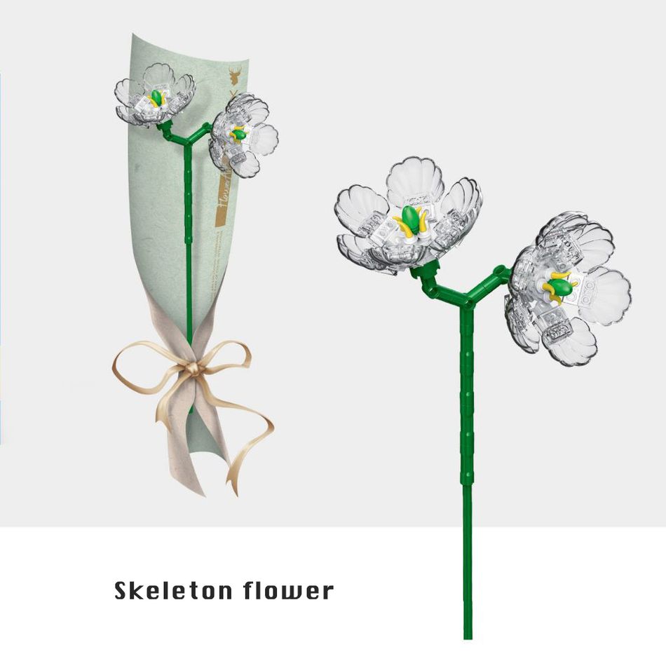 مجموعة مكعبات بناء زهور باقة زهور اصطناعية ذاتية الصنع ألعاب بناء مشروع إبداعي هدية للكبار والأطفال أبيض