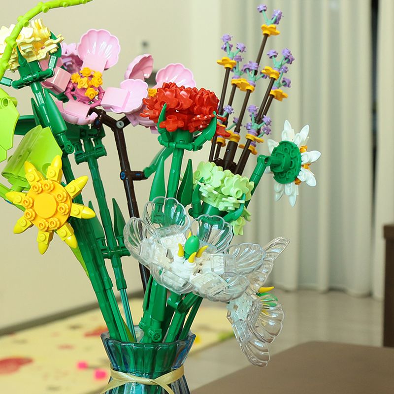 مجموعة مكعبات بناء زهور باقة زهور اصطناعية ذاتية الصنع ألعاب بناء مشروع إبداعي هدية للكبار والأطفال أبيض big image 7