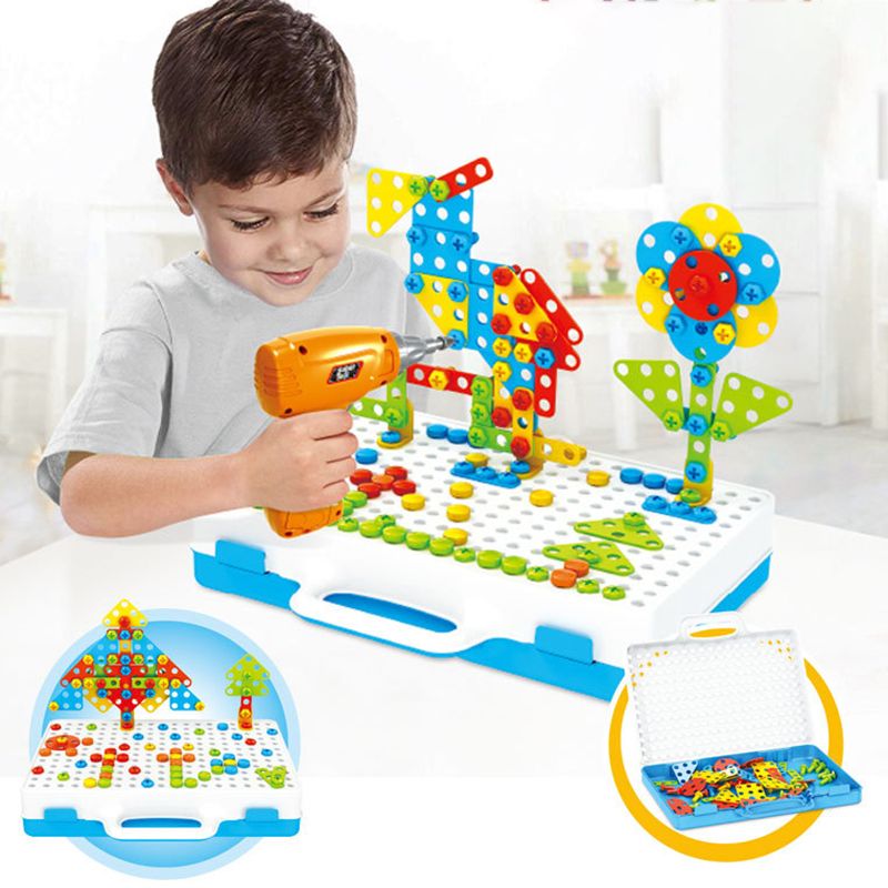 Drilling Screw Creative Mosaic Drill Set Electric Drill Puzzle Toy Assembly DIY Engineering Blocks Building Peg Board Set Color block big image 1