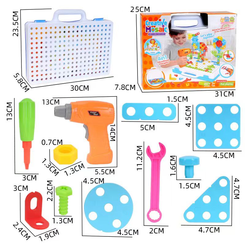 Drilling Screw Creative Mosaic Drill Set Electric Drill Puzzle Toy Assembly DIY Engineering Blocks Building Peg Board Set Color block big image 2